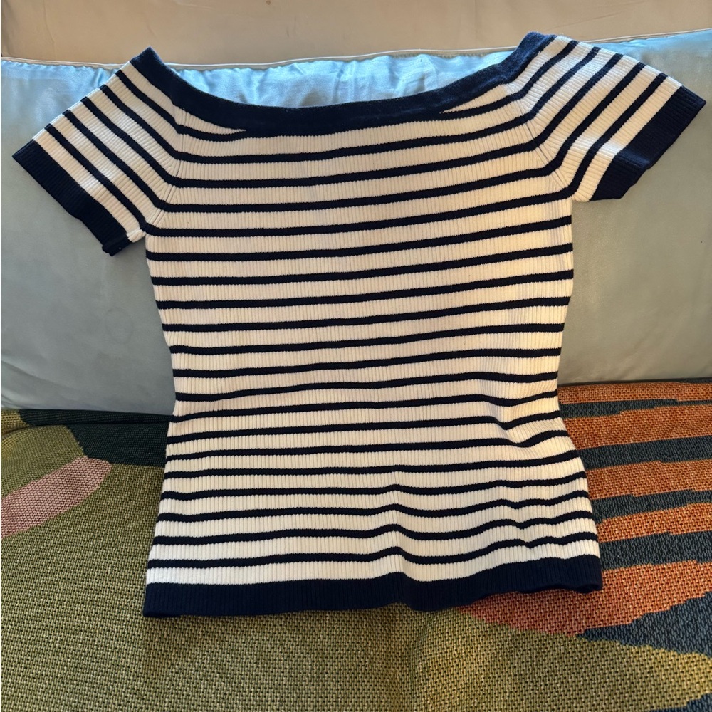 Maje Midnight Navy and White Striped Off-The-Shoulder Top
